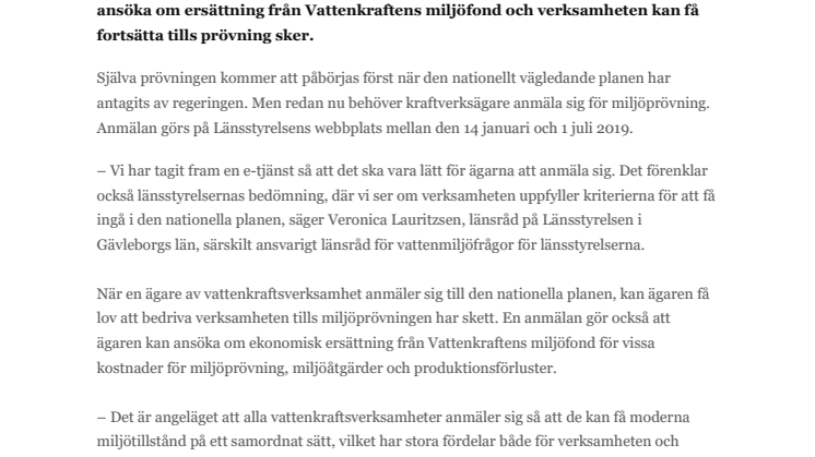 Nu öppnar den nya e-tjänsten för anmälan till miljöprövning av vattenkraften