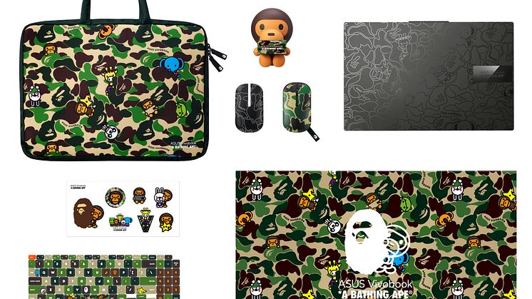 Vivobook S 15 OLED BAPE Edition_Green Camo Bundle with Black Laptop_ overlooking view of black laptops and green camo bundle