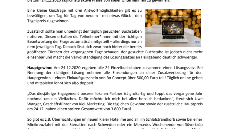 Kiel.Sailing.City Online-Adventskalender mit Gewinnen lokaler Partner