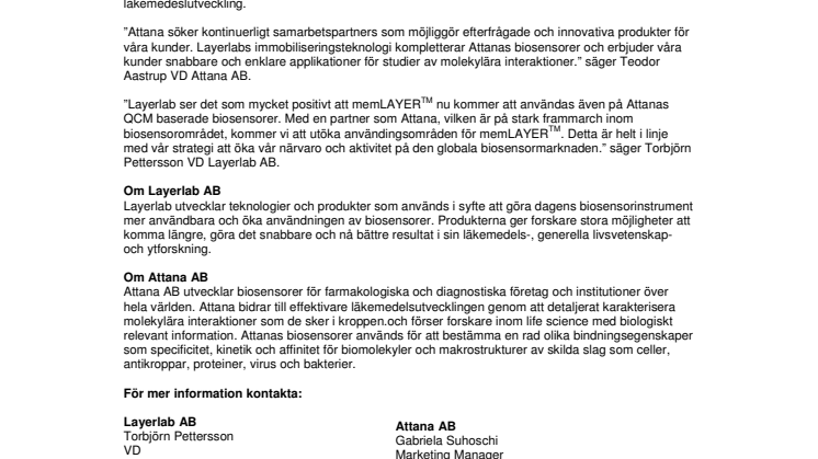 Attana AB och Layerlab AB tecknar distributörsavtal 