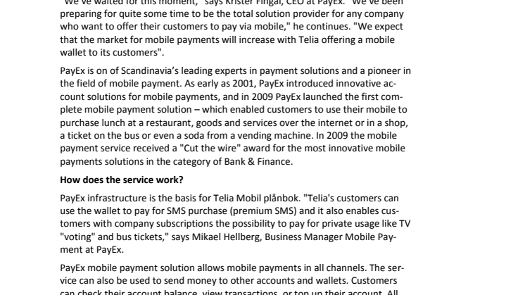 "Telia Mobil plånbok" opens the door for PayEx mobile payment solutions.