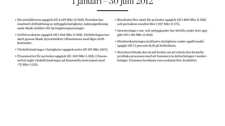 Delårsrapport 1 januari – 30 juni 2012