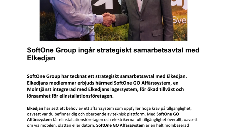 SoftOne Group ingår strategiskt samarbetsavtal med Elkedjan 