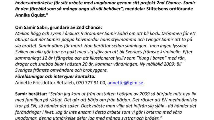 Samir Sabri Hedersstipendiat 2013  – Stiftelsen Karin och Ernst August Bångs minne