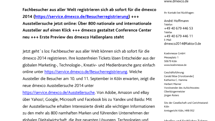 Start der Besucherregistrierung für die dmexco 2014: Jetzt kostenfreie Tickets sichern