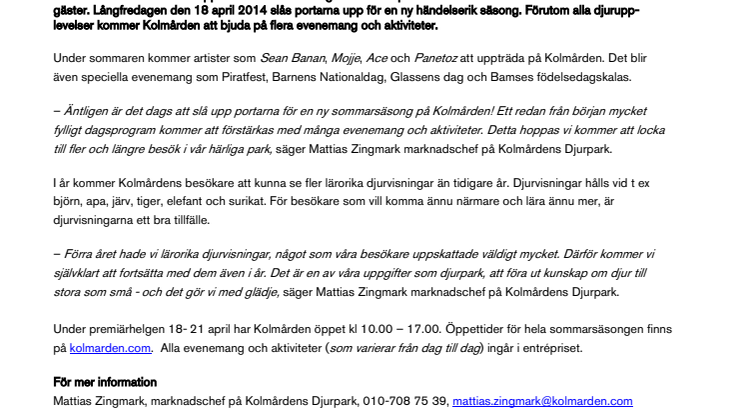 Kolmården har sommarpremiär redan till påsk