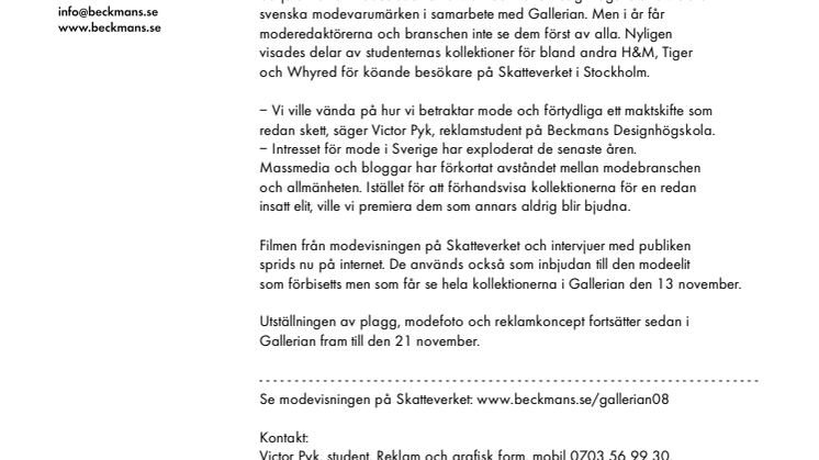 Beckmans Designhögskola visar mode på Skatteverket 