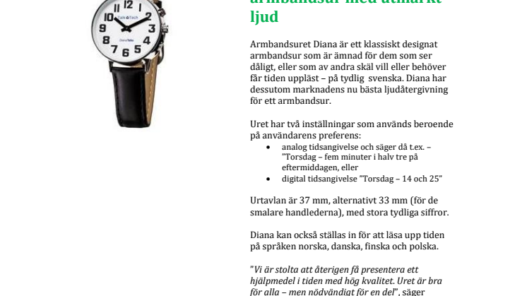 Iris Hjälpmedel lanserar: Diana, ett svensktalande armbandsur med utmärkt ljud