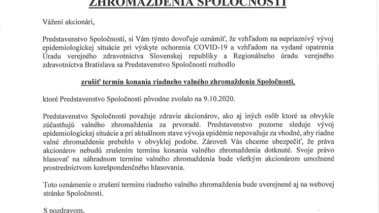 Oznámenie o zrušení riadneho valného zhromaždenia spoločnosti