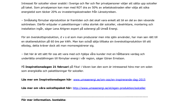Umeå Energi lanserar solcellspaket till privatkunder