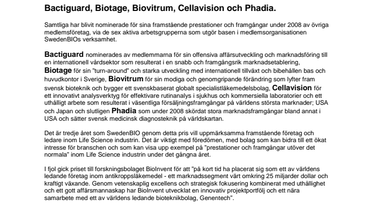 Fem Life Science bolag nominerade till SwedenBIO Award 2009