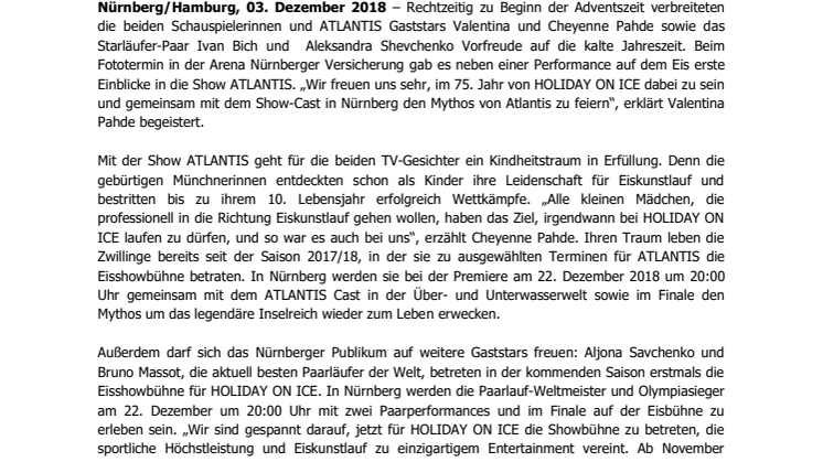 Gaststars Valentina und Cheyenne Pahde stellen mit HOLIDAY ON ICE Starläufern Show ATLANTIS in Nürnberg vor
