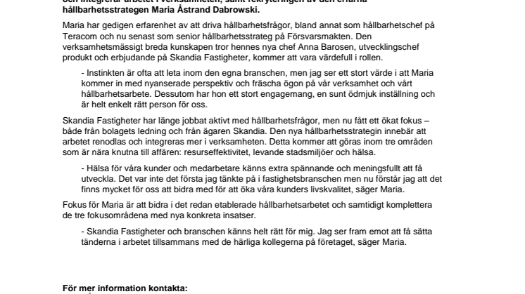 Skandia Fastigheter växlar upp hållbarhetsarbetet med resurseffektivitet, levande stadsmiljöer, hälsa och Maria Åstrand Dabrowski