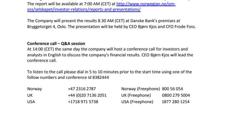 Invitation to presentation of Norwegian’s 4th quarter report