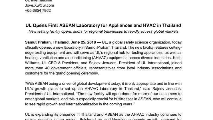 UL Opens First ASEAN Laboratory for Appliances and HVAC in Thailand