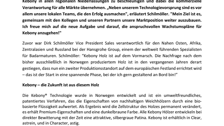 Holzhersteller Kebony verstärkt sich mit Dirk Schilmöller als CCO
