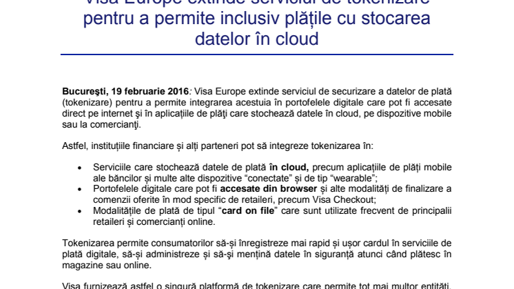 Visa Europe extinde serviciul de tokenizare pentru a permite inclusiv plățile cu stocarea datelor în cloud