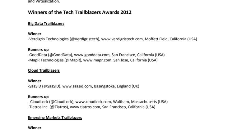 Enterprise tech startup rock stars announced: Tech Trailblazers Awards 2012 winners unveiled 