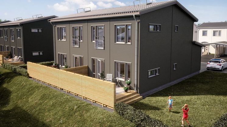 Brf Skriftställaren - 3D-bild av baksida radhus