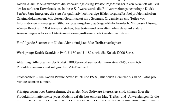 Kodak Alaris bietet kostenlose Mac-Software für dreizehn Scannermodelle 