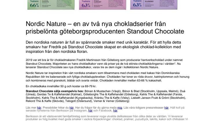 Nordic Nature – ny chokladkollektion från prisbelönade göteborgsproducenten Standout Chocolate