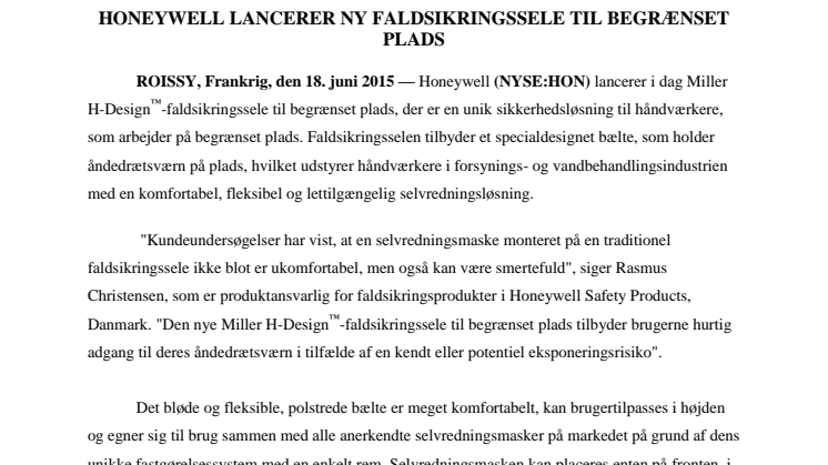 Honeywell lancerer ny faldsikringssele til begrænset plads 