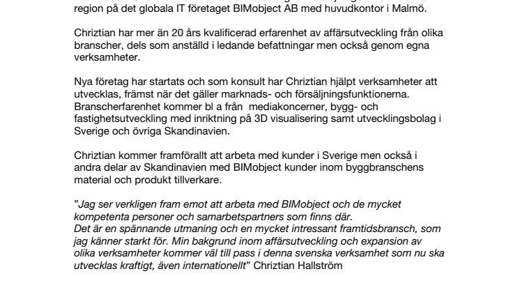 Chriztian Hallström tillträder som affärsutvecklare för Skandinavien hos BIMobject AB