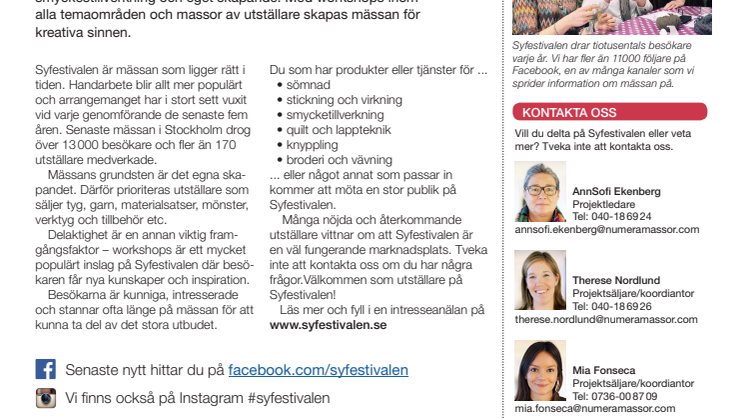 Handarbetstrenden håller i sig – Syfestivalen på Svenska Mässan 26-28 augusti 2016