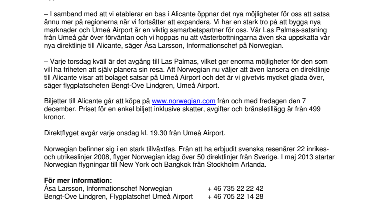 Norwegian startar direktlinje från Umeå till Alicante