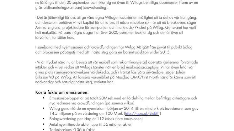 Wifog genomför nyemission i form av gräsrotsfinansiering 