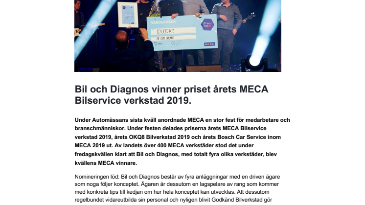Bil och Diagnos vinner priset årets MECA Bilservice verkstad 2019.