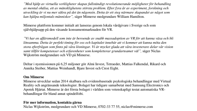Mimerse stänger investeringsrunda på 6,25 miljoner