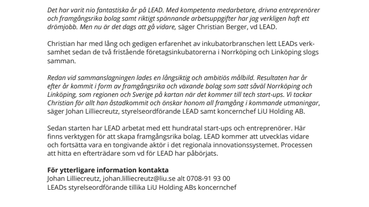 VD för företagsinkubatorn LEAD slutar