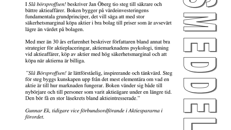 Ny bok: Slå börsproffsen - tio steg till bättre aktieaffärer av Jan Öberg