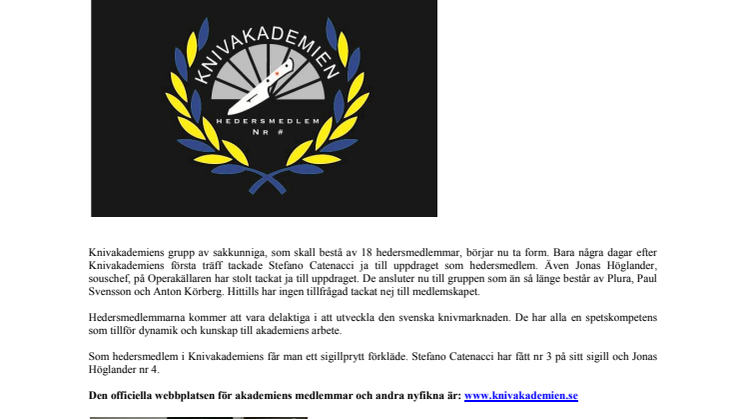 Catenacci blir hedersmedlem i Knivakademien