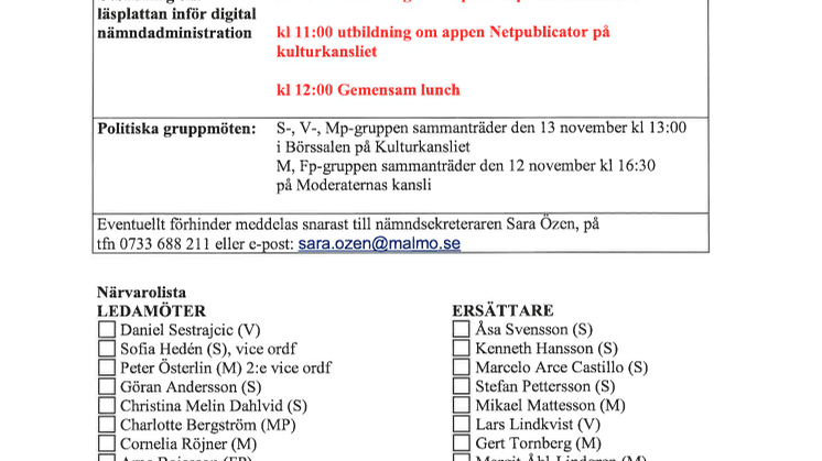 Malmö kulturnämnds sammanträde den 15 november
