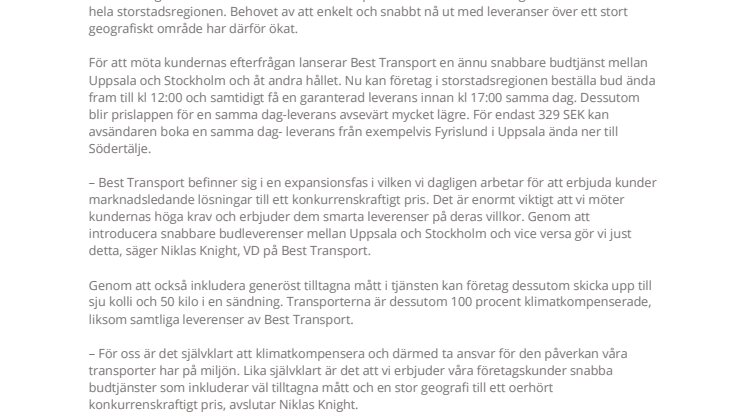 Best Transport erbjuder snabbare leverenser mellan Uppsala och Stockholm