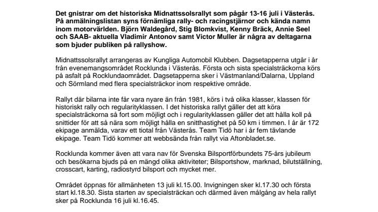 Kändistätt startfält när Midnattssolsrallyt drar igång i Västerås