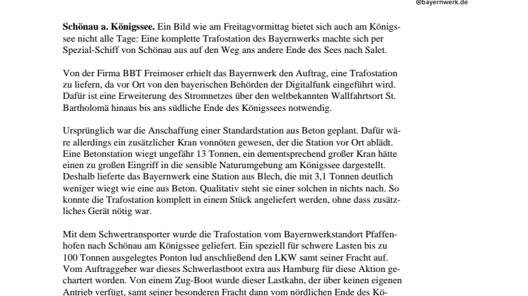 Schwere Fracht auf dem Königssee: Bayernwerk liefert Trafostation auf dem Wasserweg