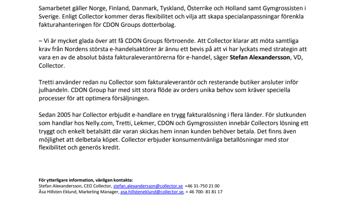 CDON Group väljer Collector som ny fakturaleverantör