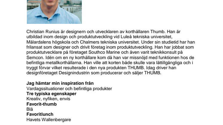 Christian Runius, Månadens innovatör i november