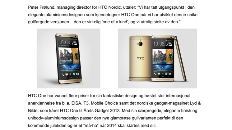 Nå lanseres HTC One i en eksklusiv gullversjon