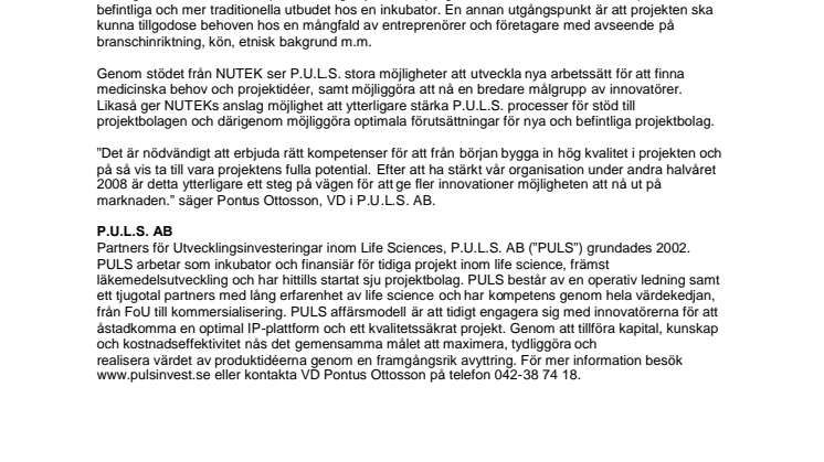 P.U.L.S. erhåller 2 miljoner kronor i anslag från NUTEK