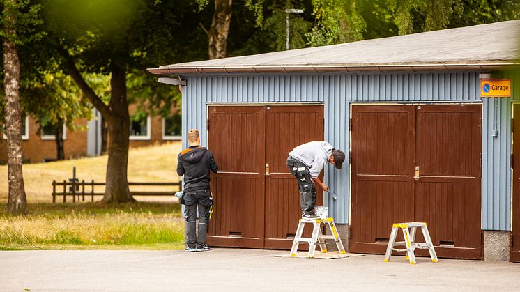 Minibovärdar målar garage