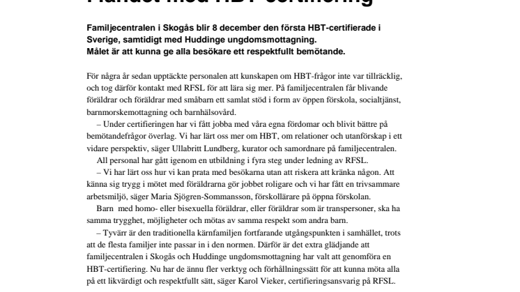 Familjecentralen i Skogås först i landet med HBT-certifiering