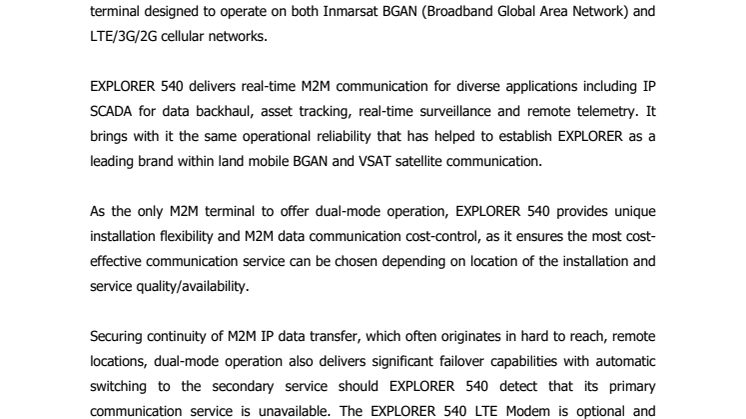 Cobham SATCOM: Inmarsat Type Approves the EXPLORER 540 BGAN M2M Terminal