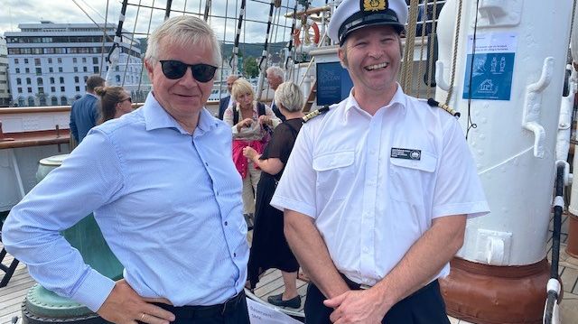 Kongsberg Maritime President Egil Haugsdal and Chief Jonas Jensen on board Statsraad Lehmkuhl