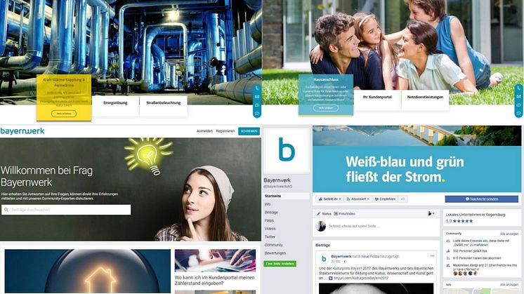 Kunden- und produktorientiert (von oben links im Uhrzeigersinn): die neuen Holding- und Netzwebseiten des Bayernwerks, die neue Facebook-Seite und die Service-Community „Frag Bayernwerk“.