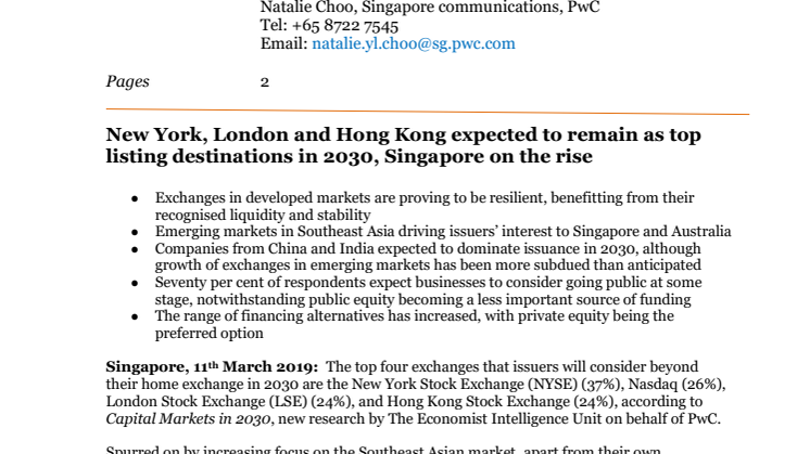 New York, London and Hong Kong expected to remain as top listing destinations in 2030, Singapore on the rise
