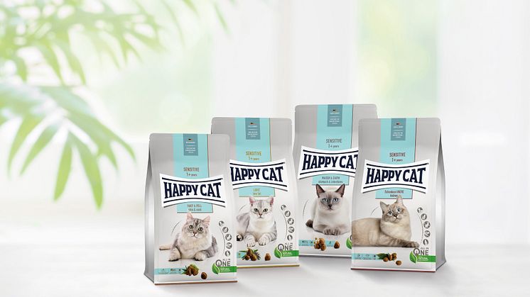 Die Happy Cat Sensitive-Sorten sind bekömmlich und gewährleisten die richtige Versorgung mit Vitaminen